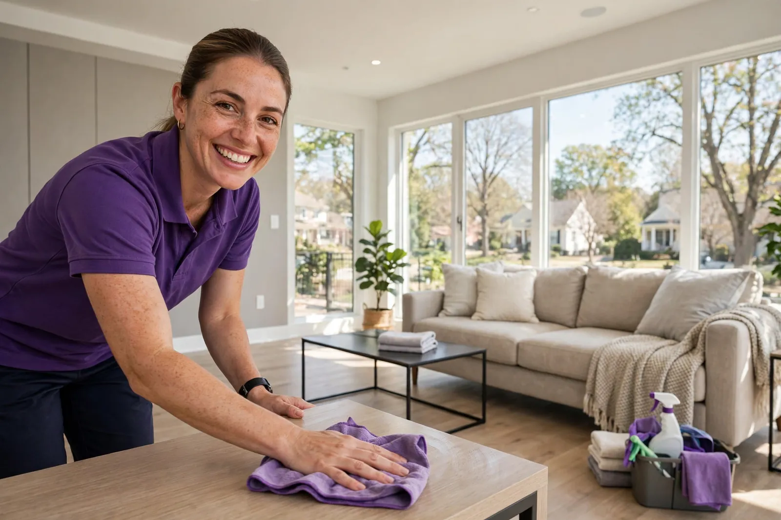Professional cleaner wiping down a bright Arlington living room