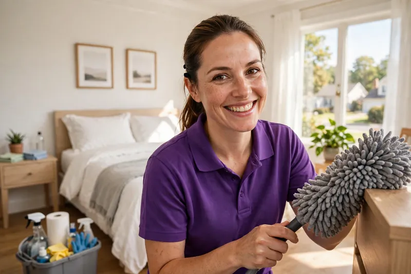 Cleaning technician dusting an Arlington home bedroom